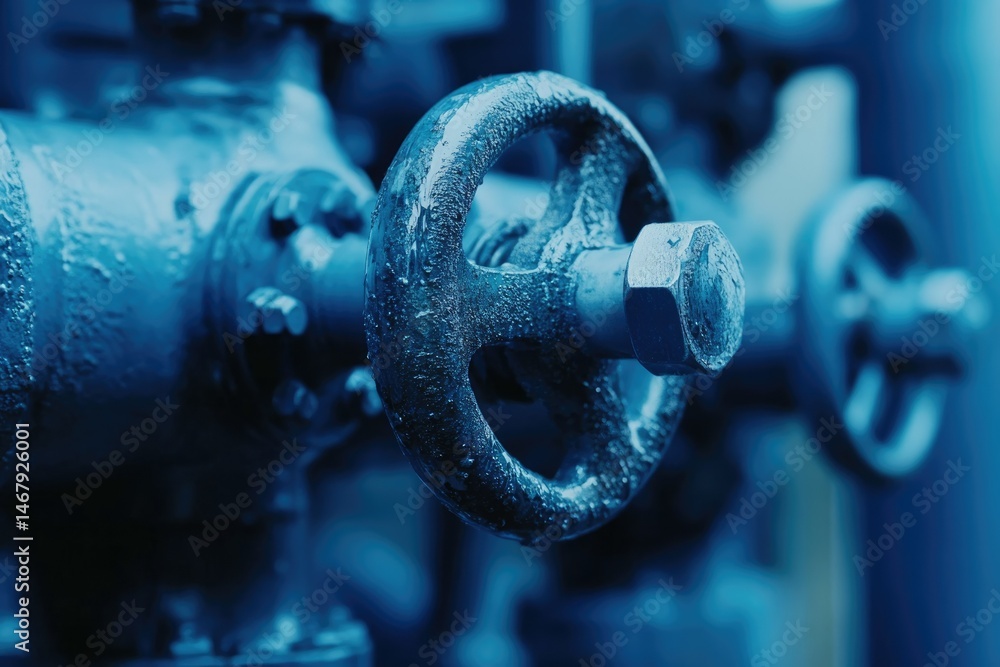 Obraz premium Close-up of industrial valve, showing intricate details and textured metal surface.