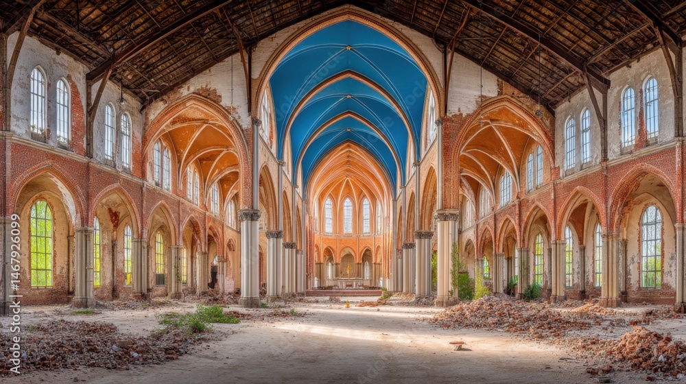 Fototapeta premium Interior of a dilapidated brick church with vaulted blue ceiling and ruined walls