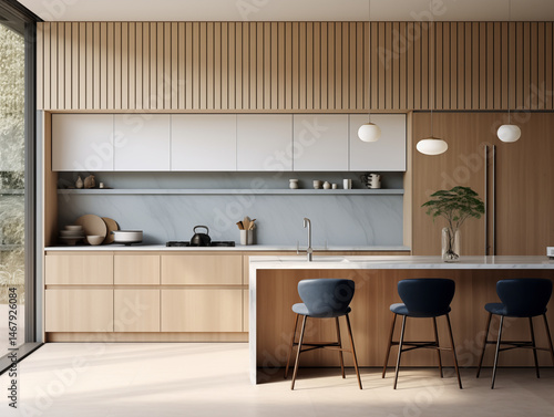 Mid century modern style inspired kitchen with wall panelling. Kitchen with wood panels. Natural wood inspired interior. 