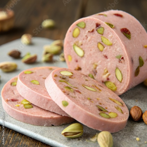 Pistachio-studded mortadella on a gray board with nuts and copy space
