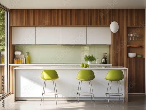 Mid century modern style inspired kitchen with wall panelling. Kitchen with wood panels. Natural wood inspired interior in brown and green. 