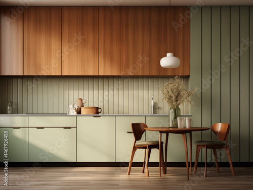 Mid century modern style inspired kitchen with wall panelling. Kitchen with wood panels. Natural wood inspired interior. 