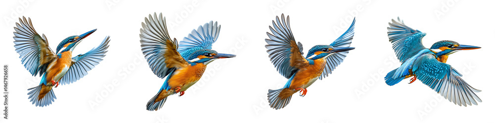 Obraz premium Set, group, collection of Flying kingfisher bird isolated on a transparent background.