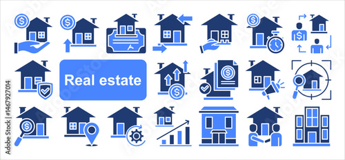 WebReal estate icon collection set. Containing property, personal, location, buildings, housing, residential, apartment icon. Simple flat vector.
