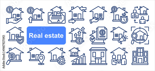 WebReal estate icon collection set. Containing property, personal, location, buildings, housing, residential, apartment icon. Simple line vector.