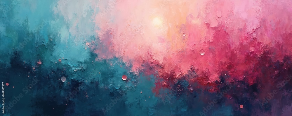 Fototapeta premium Abstract oil painting with glowing pink teal textures. Vibrant colors create dreamy ethereal composition. Artwork with intricate, thick paint texture. Modern art for decoration.