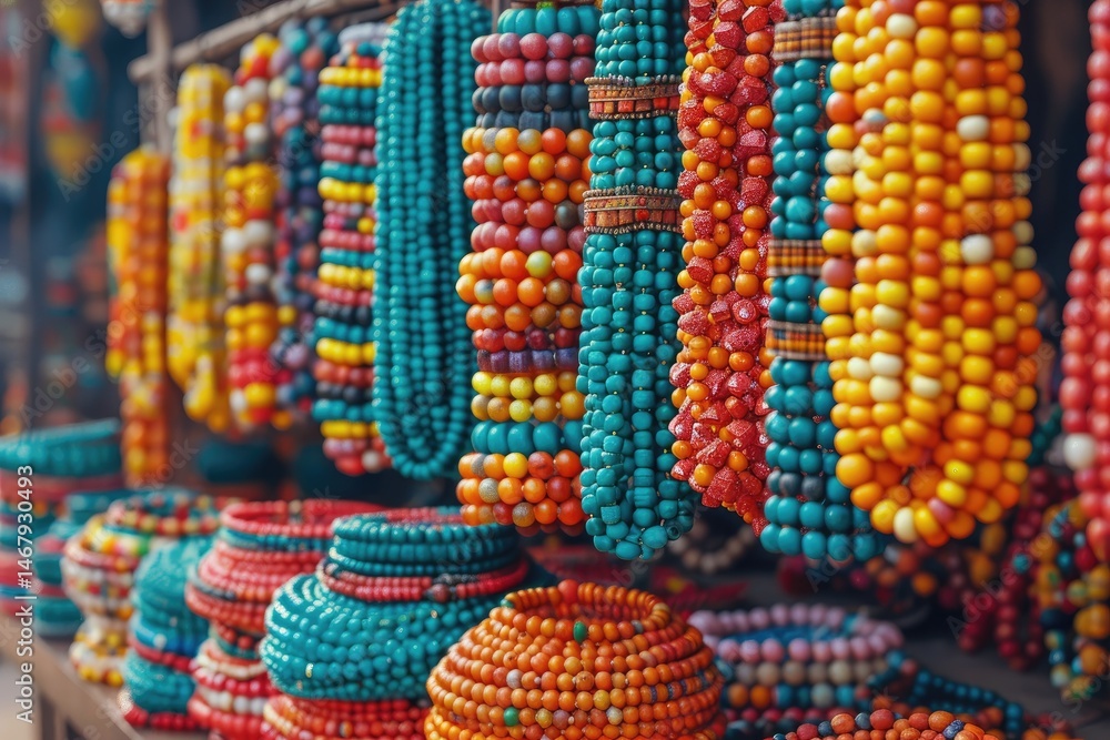 A vibrant display of colorful beaded necklaces and bracelets A vibrant display of colorful beaded necklaces and bracelets