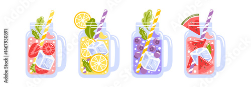 A vector illustration showcasing four colorful jars filled with refreshing drinks. Each jar is topped with a delightful mix of fruits and garnishes, ideal for summer refreshment.