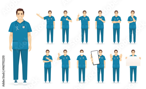 Male nurse doctor character standing in different poses. Isolated vector illustration set