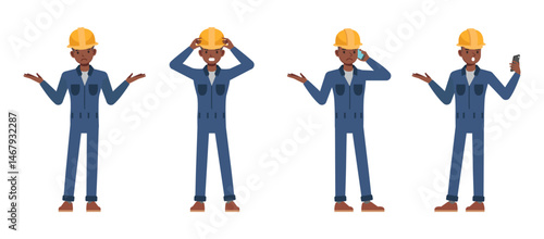 Male worker wearing blue jumpsuit working character vector illustration design set. Man with negative emotions and talk on phone.