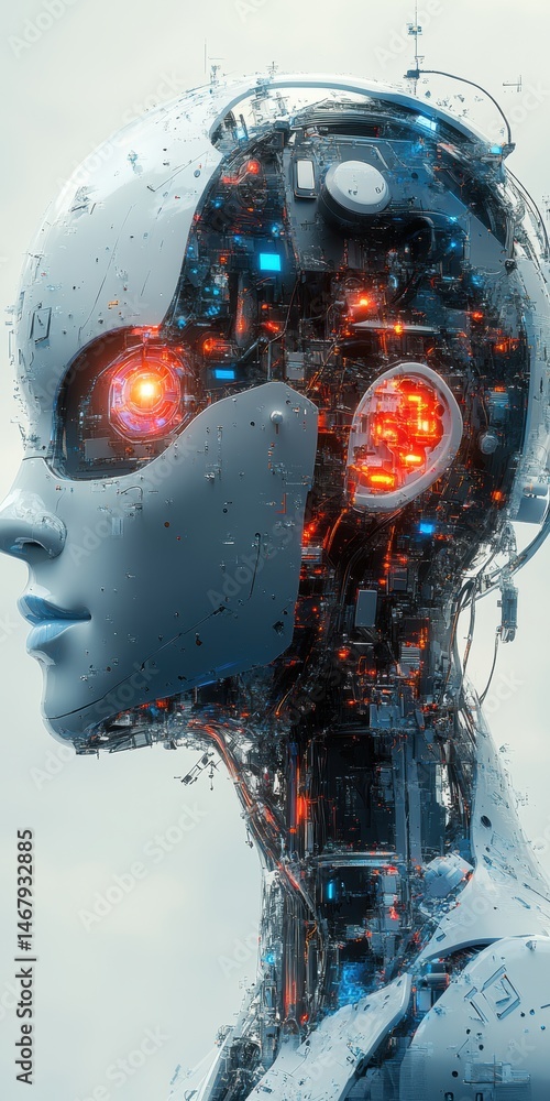 Fototapeta premium Robotic Being Head Profile with Visible Complex Inner Workings, Futuristic Technology, Artificial Intellect, Glow