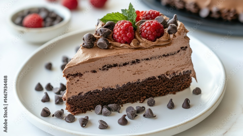 A slice of mocha mousse cake topped with chocolate frosting, berries, and chocolate chips on a white plate A slice of mocha mousse cake topped with chocolate frosting, berries, and chocolate chips on a white plate