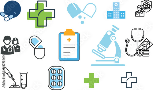 medical icon, healthcare icon, hospital icon, doctor icon, nurse icon, capsule icon, medicine icon, pharmacy icon, microscope icon, stethoscope icon, medical report icon, health insurance icon, medica