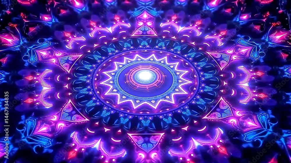 Kaleidoscopic pattern with symmetrical designs in shades of blue and purple