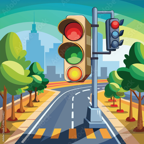 A red stoplight controls car traffic at a city street intersection, ensuring transportation safety with its warning signal against the sky