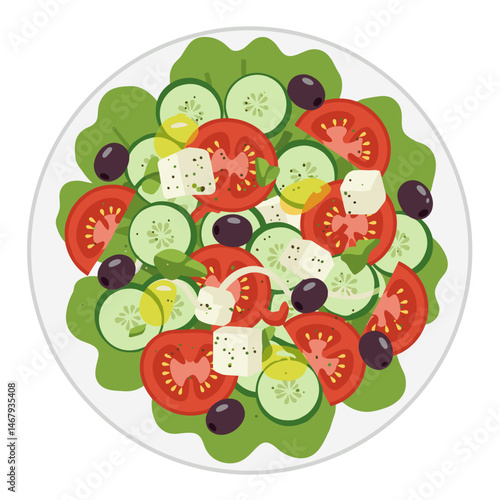 Fresh vegetable salad with tomatoes, cucumbers, olives, and feta cheese on a white plate