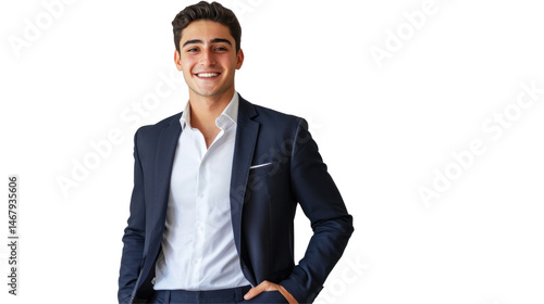 A smiling man in a suit and white shirt poses against a black background portrait