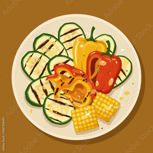 Grilled vegetable plate featuring zucchini, bell peppers, and corn drizzled with sauce on a brown background