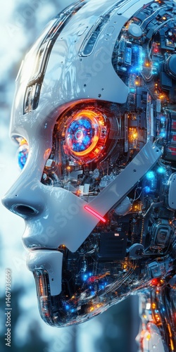 Close-up profile view of a futuristic android robot, featuring glowing eyes and detailed mechanical interior structure.
