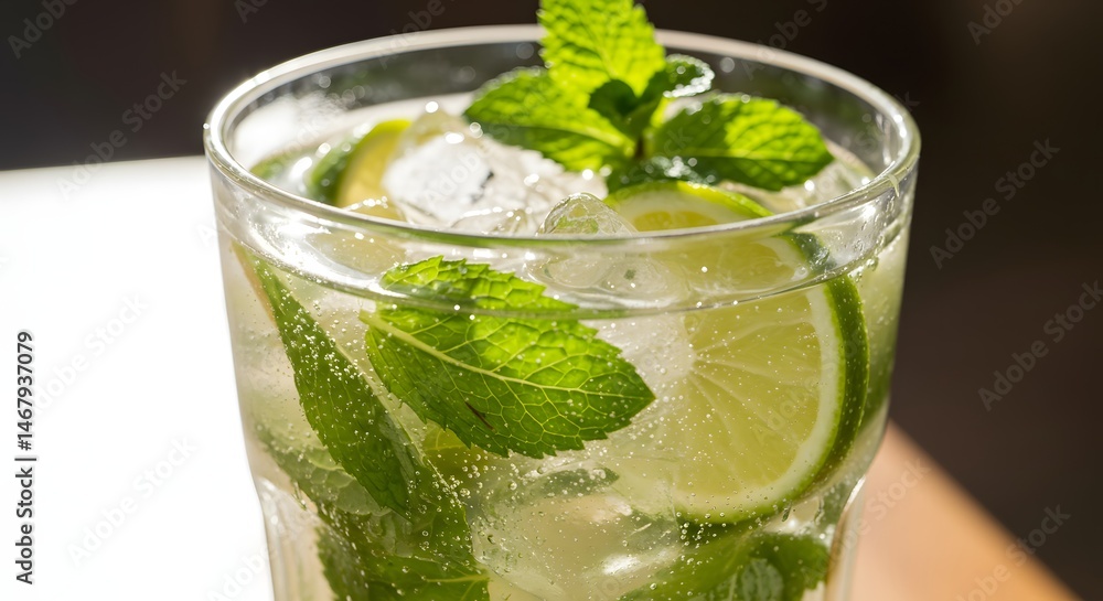 A refreshing drink with lime slices and mint leaves in a clear glass with ice cubes A refreshing drink with lime slices and mint leaves in a clear glass with ice cubes
