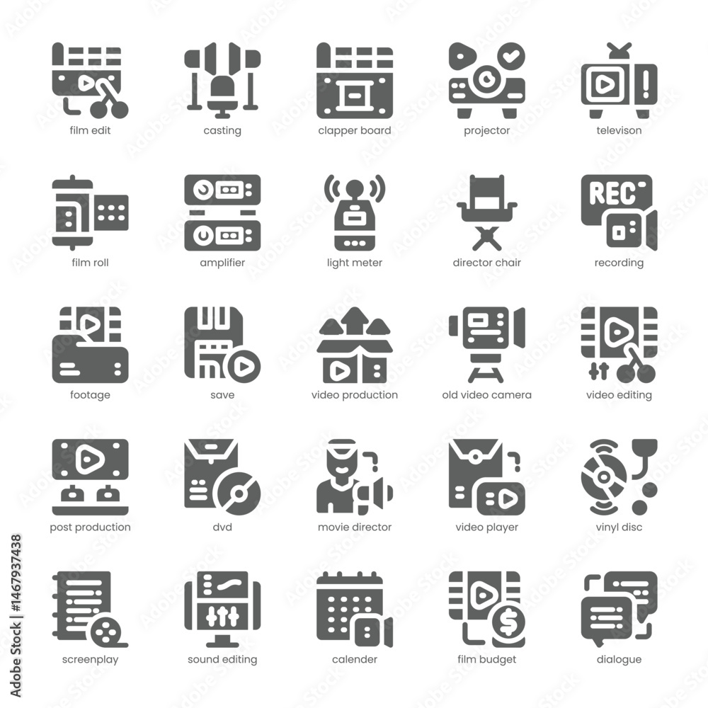 Video Production Icon pack for your website, mobile, presentation, and logo design. Video Production Icon solid design. Vector graphics illustration and editable stroke. Video Production Icon pack for your website, mobile, presentation, and logo design. Video Production Icon solid design. Vector graphics illustration and editable stroke.