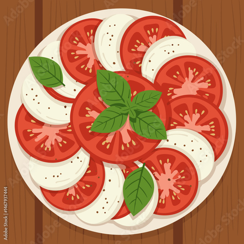 Caprese salad with fresh tomatoes, mozzarella cheese, and basil leaves on a wooden background
