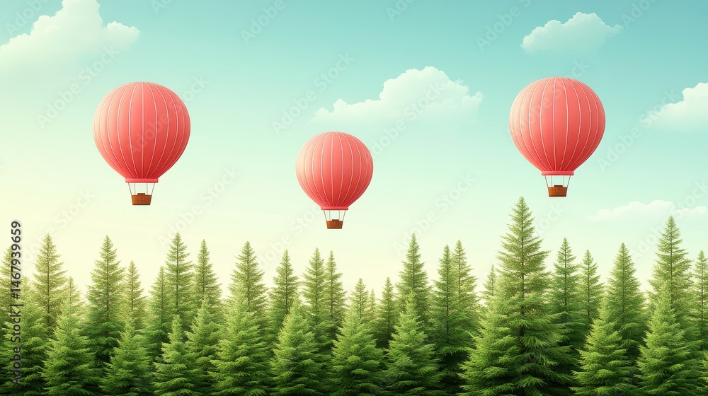 Obraz premium Whimsical hot air balloons drifting above verdant treetops serene illustration peaceful flight fantasy landscape adventure journey