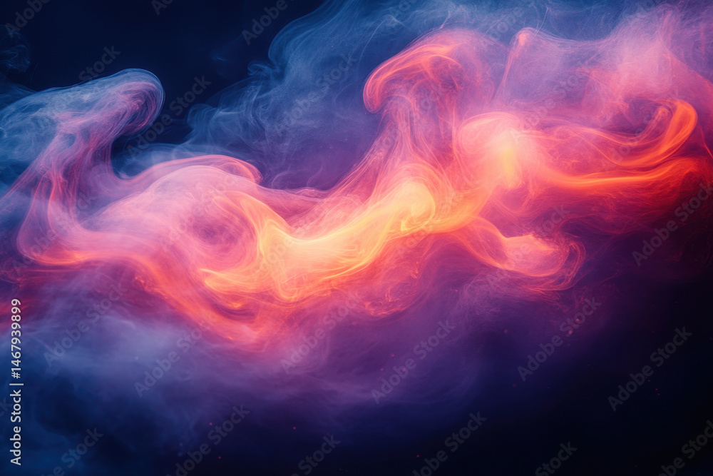 Fototapeta premium Pink and orange smoke cloud against black background.