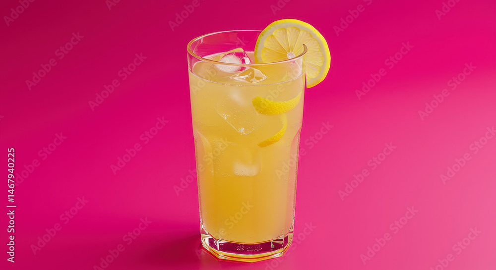 Tall Glass Of Lemonade With Ice And Lemon Slice On Pink Background Tall Glass Of Lemonade With Ice And Lemon Slice On Pink Background