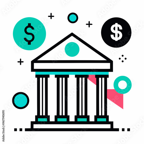 Bank illustration with currency symbol : A visually appealing illustration of a classical bank building, adorned with currency symbols, set against a modern backdrop.