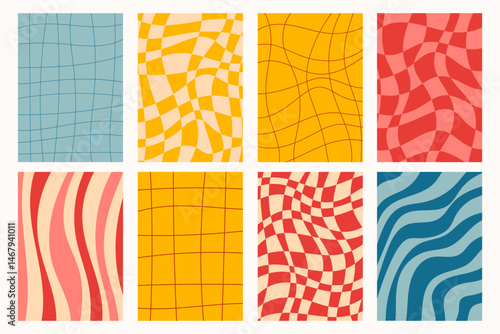 Set of groovy posters with bold checkered and striped patterns in retro style. Vibrant colors, optical flow, and vintage vibes. Colorful dynamic, eye-catching visual collection.