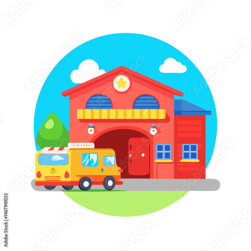 Emergency Hub: A vibrant illustration showcases a fire station and its rescue vehicle. The illustration portrays a symbol of readiness and emergency services.