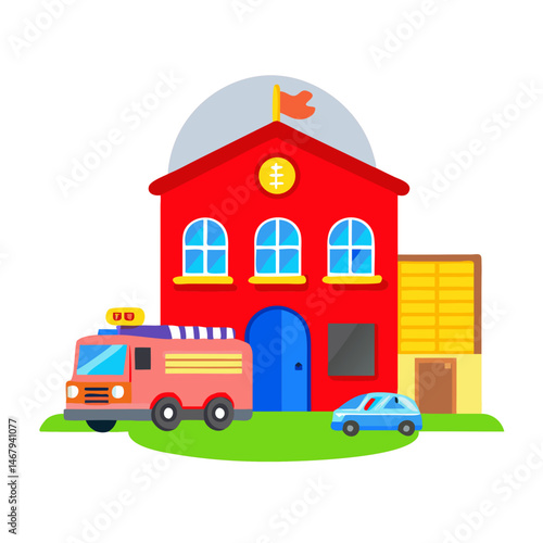 Cartoon Fire Station and Fire Truck: A vibrant, whimsical illustration depicts a cheerful fire station with a bright red fire truck, set against a backdrop of clear skies.