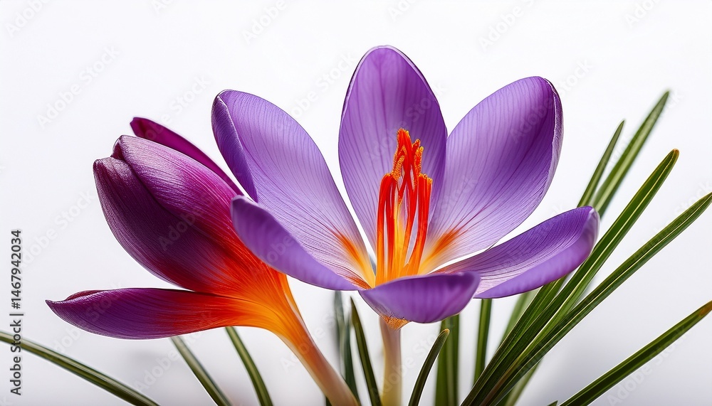 Obraz premium vibrant saffron crocus displaying delicate red stigmas yellow stamens and green leaves against pristine white background