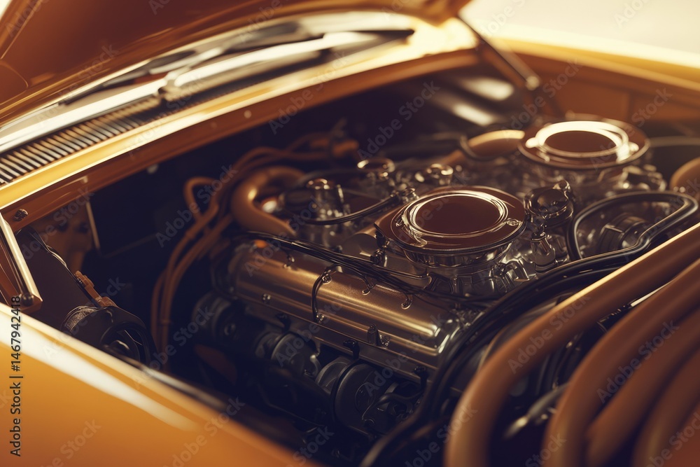 Naklejka premium Gleaming engine of a classic car with polished components and intricate details, showcasing automotive engineering.
