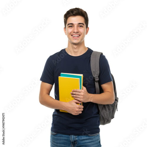 Portrait Of Young University Student Holding Books and wear Backpack isolated on transparent background, Student PNG 
