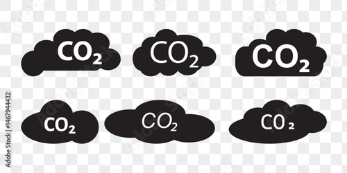 CO2 emissions into the atmosphere. Set of black vector CO2 icons. Set of simple abbreviation black cloud signs. Black CO2 emission reduction signs. Eps 10.