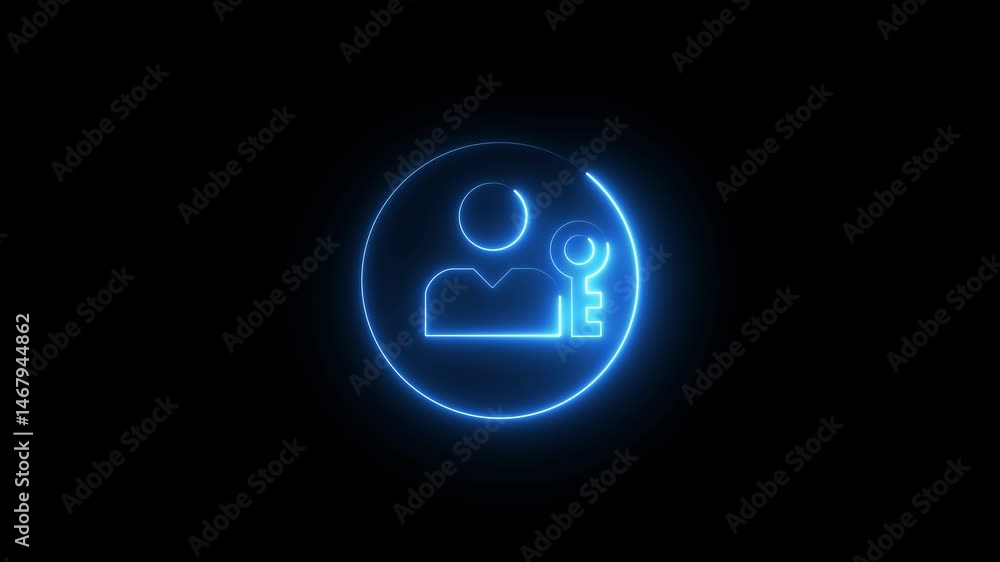 Abstract glowing neon Passkey profile user icon. User avatar with key icon. Glowing neon Key icon isolated on black background. 4k Video motion graphic animation, Abstract glowing neon Passkey profile user icon. User avatar with key icon. Glowing neon Key icon isolated on black background. 4k Video motion graphic animation,