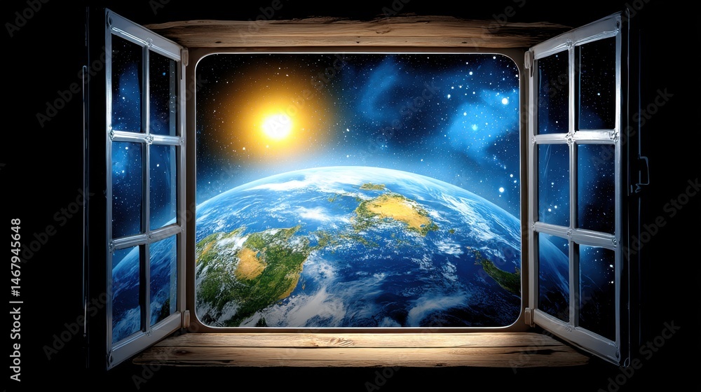 Fototapeta premium Open wooden window with earth view from space, starry sky, sun, landmasses, and oceans in the background