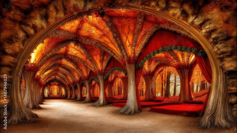 Fototapeta premium Ornate arched hallway with tree trunk columns and autumn forest view through draped red fabrics