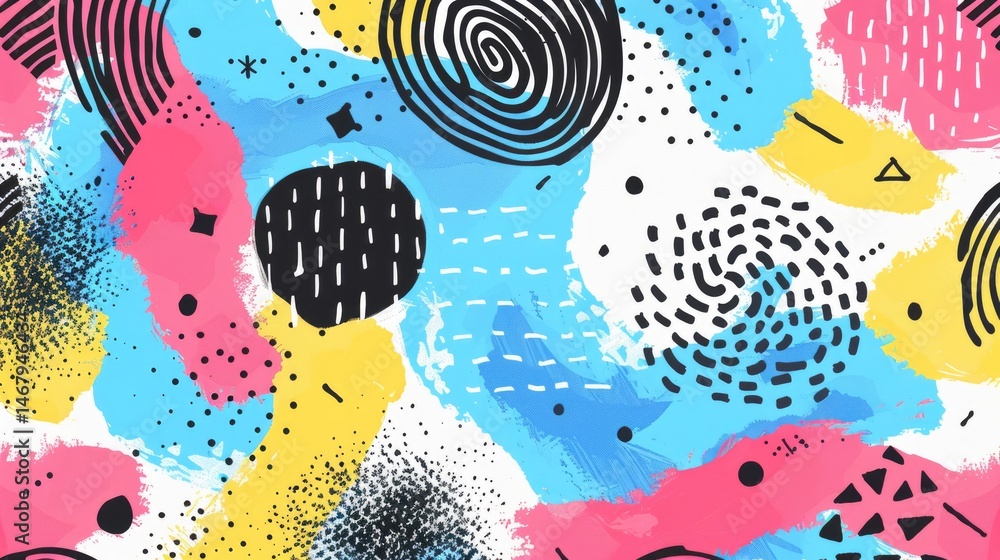 The close up of the abstract picture of the colourful memphis pattern wallpaper, memphis pattern is the design style that vibrant and mix of geometric shapes, bold colors, and playful patterns. AIG51.