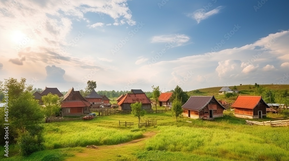 Obraz premium Picturesque village nestled in a lush valley under a vibrant sky
