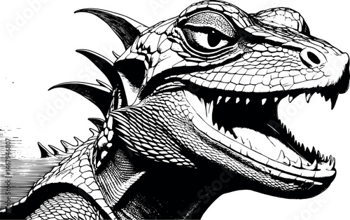 Vector engraving of mad lizard attacking, isolated on white