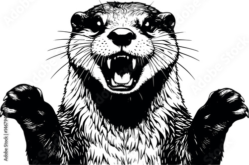 Rabid otter in aggressive pose, vector engraving style