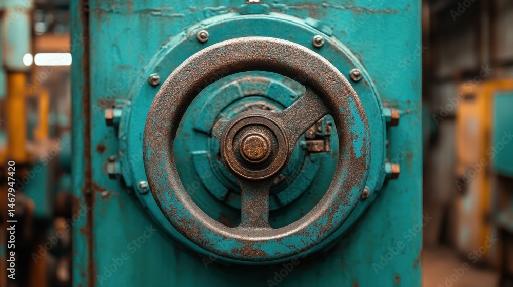 Rusty teal control panel with circular handle. Detailed close-up view of a vintage industrial machine's control mechanism Rusty teal control panel with circular handle. Detailed close-up view of a vintage industrial machine's control mechanism