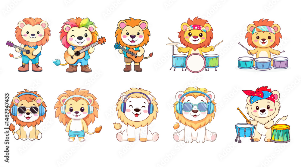 Lions with musical instruments, lions with guitar, lions in headphones, lions with drums, Simple kids vector illustration, 10 lions Lions with musical instruments, lions with guitar, lions in headphones, lions with drums, Simple kids vector illustration, 10 lions