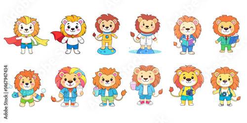 12 vector illustrations of lion in different costumes, photographer, superhero, artist, businessman.