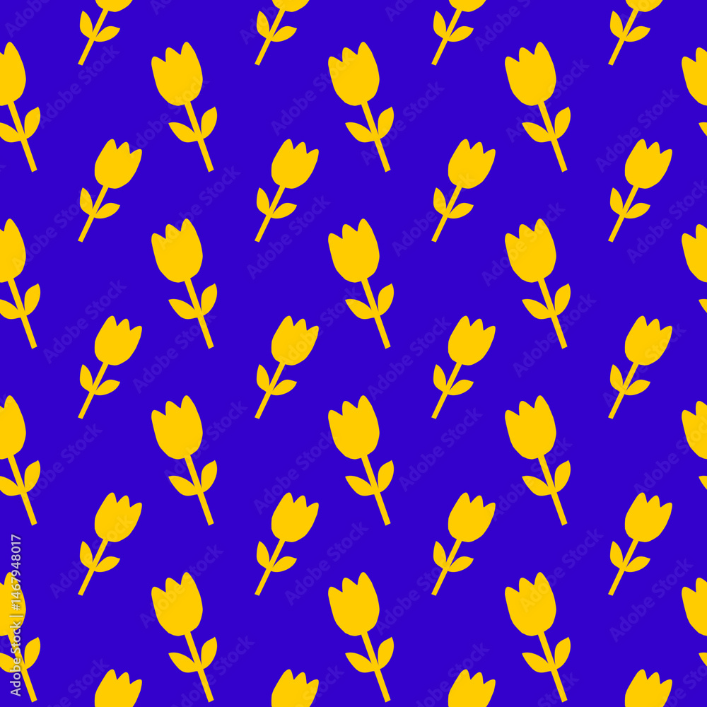 Yellow Tulip Floral Pattern on Blue Background Perfect for Spring Designs Yellow Tulip Floral Pattern on Blue Background Perfect for Spring Designs
