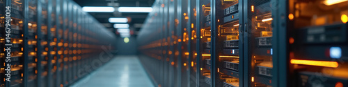LinkedIn banner featuring a hyper-organized IT asset vault with glowing server cases in matte gray and amber hues, symbolizing secure tech management.