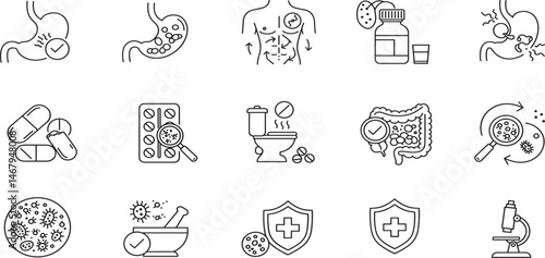 Digestion, intestine, stomach, and probiotics editable stroke outline icons set isolated on white background flat vector illustration.